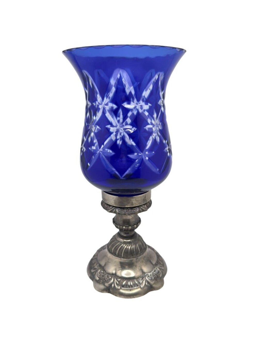 Godinger Vtg Cobalt Blue Cut Glass Hurricane Candle Holder Silver-Plated 11"